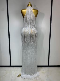 Women Sexy Shiny Crystals Tassel Long Dress Elegant Prom Gown Evening Club Birthday Wedding Party Singer Photoshoot Dress