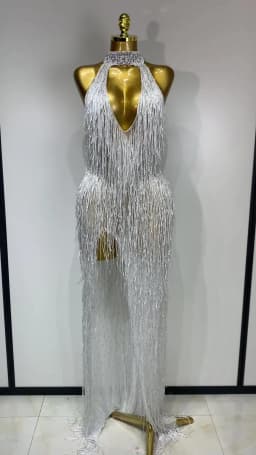 Women Sexy Shiny Crystals Tassel Long Dress Elegant Prom Gown Evening Club Birthday Wedding Party Singer Photoshoot Dress