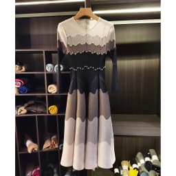 LANMREM Designed Women's Pleated Dress O-neck Loose Fit High-end Fashion Color Block Beaded Long Sleeve Famale Clothing 2DB6598