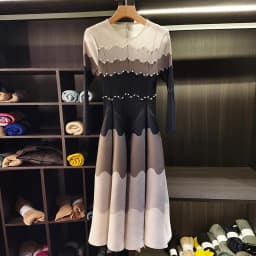 LANMREM Designed Women's Pleated Dress O-neck Loose Fit High-end Fashion Color Block Beaded Long Sleeve Famale Clothing 2DB6598
