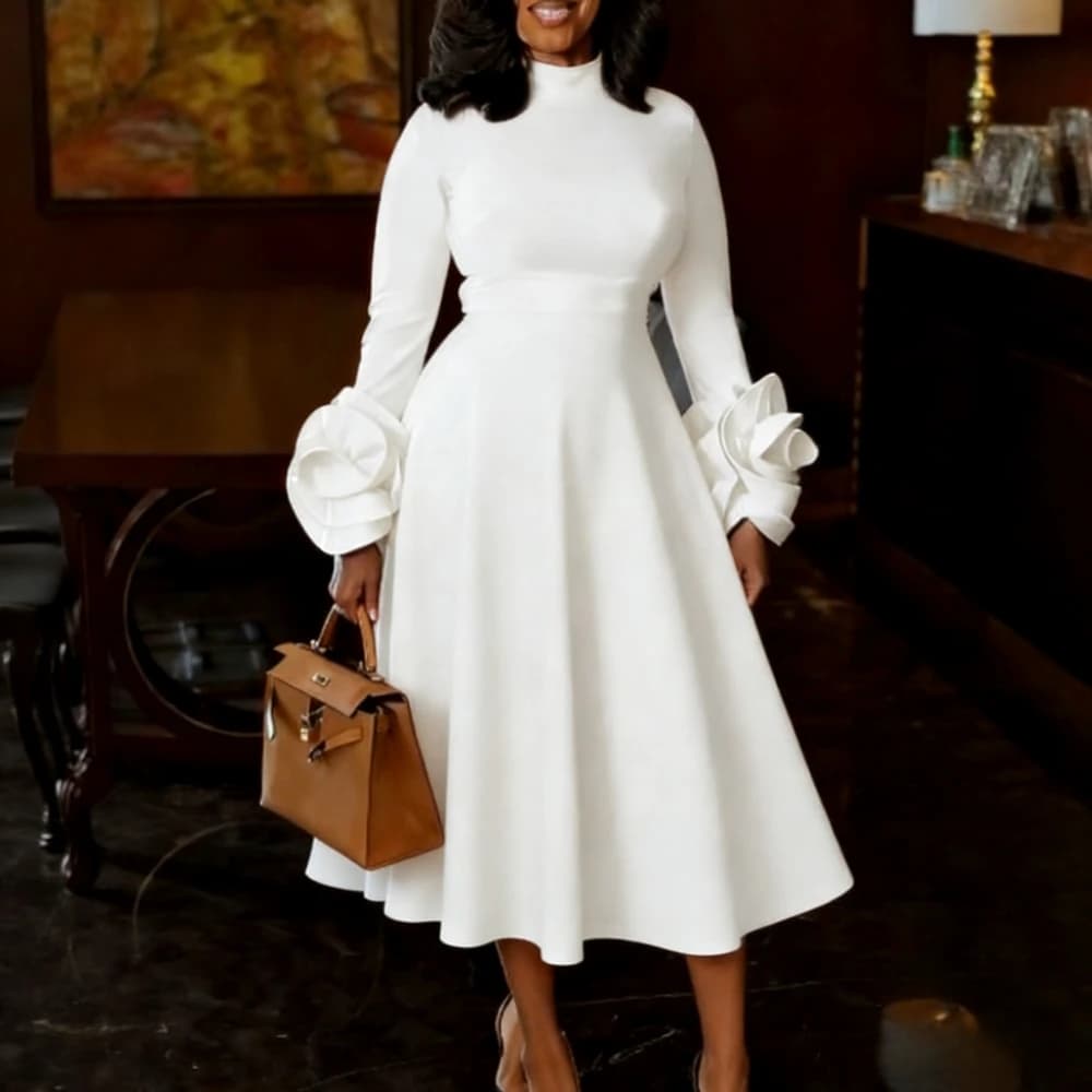 Classy Women A Line Pleated Dress Half High Neck Long Sleeve with 3D Floral High Waist Weddings Christmas New Year Formal Events