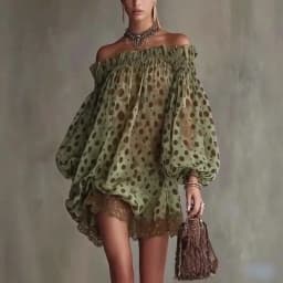 Fashion Women Elegant Polka Dot Party Cocktail Short Dress Off The Shoulder Puff Sleeve Lace Hem Loose Fit Evening Mini Dresses