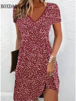 Women'S Casual Sundress Loose Summer Boho Beach Dress Floral Printed For Women Dress Retro V Neck Short Sleeve Plus Size Dresses