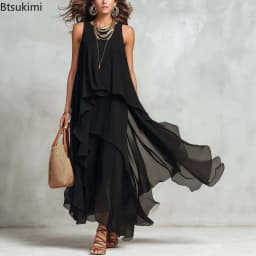 Women's Elegant Solid Dress Summer Casual O Neck Sleeveless Asymmetrical Ruffle Layered Chiffon Maxi Dress Holiday Party Dress