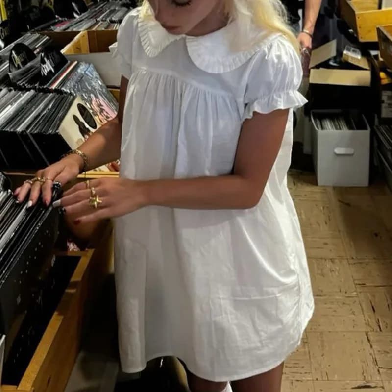 Maemukilabe Women Vintage Doll Collar Babydoll Dress Preppy Aesthetic Puff Sleeve A-Line Dress Y2k Fairy Cute Loose Fit Dress
