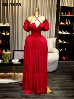 CM.YAYA 2026 Summer Women Strap short sleeve Big Swing Long Maxi Dress Slim Evening Birthday Beach Sexy Vacation Party Dresses