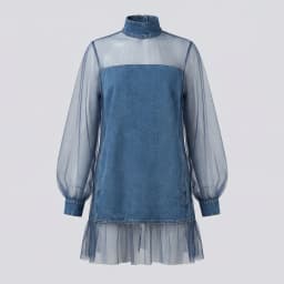 Fashion High Neck Denim Dress with Sheer Mesh Overlay Long Puff Sleeve Pocketed Ruffle Hem Casual Streetwear Mini Dress