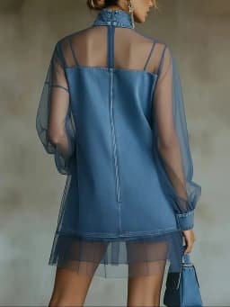 Fashion High Neck Denim Dress with Sheer Mesh Overlay Long Puff Sleeve Pocketed Ruffle Hem Casual Streetwear Mini Dress
