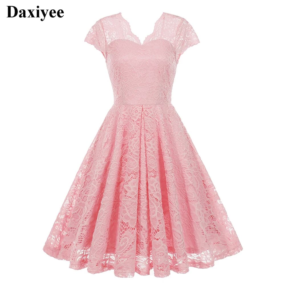 Scalloped V Neck Elegant Birthday Vintage Dresses for Women Evening Prom Party Dress Pleated Lace Mesh Swing Retro Dress Vestido