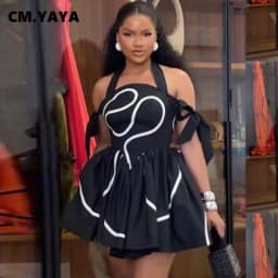 CM.YAYA Summer Women Bowknot Shoulder Halter Neck Geometric Striped Big Swing Dress Streetwear Night Club Party Dresses Vestidos