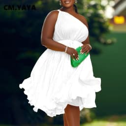 CM.YAYA Women One Shoulder Sleeveless Big Swing Pleated Knee Length Dress 2023 Fashion Street Vestidos Sexy Chic Dresses