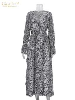 Clacive Fashion Loose Print Women's Dress 2025 Sexy V-Neck Long Sleeve Ankle Length Dresses Elegant Classic Ruffles Female Dress