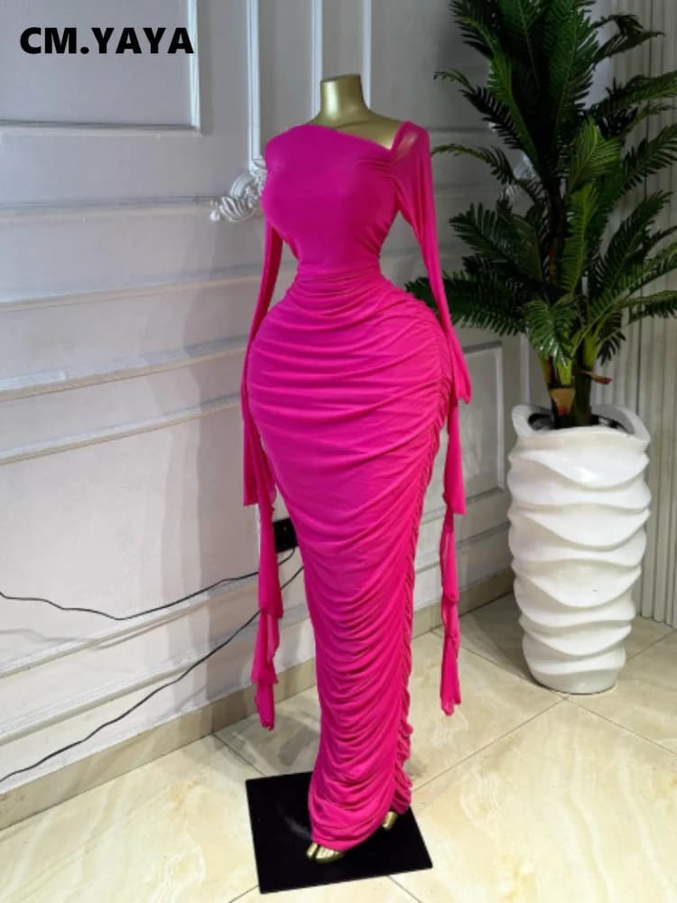 CM.YAYA Women Ruffles Long Sleeve Ruched Stacked Bodycon Maxi Long Dress Vacation Trendy Party Birthday Long Dresses Vestidos