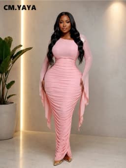 CM.YAYA Women Ruffles Long Sleeve Ruched Stacked Bodycon Maxi Long Dress Vacation Trendy Party Birthday Long Dresses Vestidos