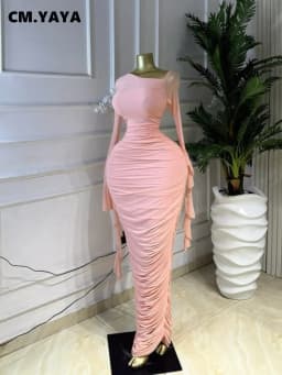 CM.YAYA Women Ruffles Long Sleeve Ruched Stacked Bodycon Maxi Long Dress Vacation Trendy Party Birthday Long Dresses Vestidos