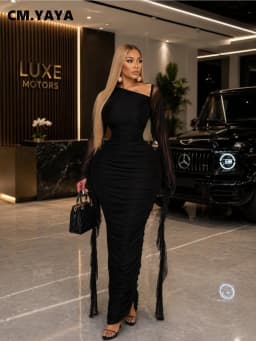 CM.YAYA Women Ruffles Long Sleeve Ruched Stacked Bodycon Maxi Long Dress Vacation Trendy Party Birthday Long Dresses Vestidos
