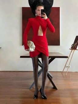 Sexy Hollow-out Pleated Mini Dress Women Fashion Solid Half High Collar Long Sleeve Slim Dresses 2025 Lady Party Club Robes
