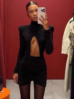 Sexy Hollow-out Pleated Mini Dress Women Fashion Solid Half High Collar Long Sleeve Slim Dresses 2025 Lady Party Club Robes