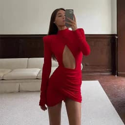 Sexy Hollow-out Pleated Mini Dress Women Fashion Solid Half High Collar Long Sleeve Slim Dresses 2025 Lady Party Club Robes
