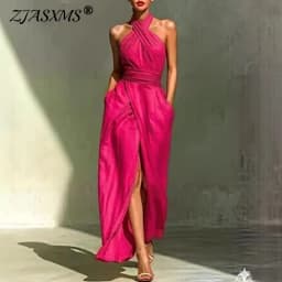 Chic Solid Front Split Boho Long Dress Woman Spring Sexy Off Shoulder Halter Party Dress Summer Sleeveless High Waist Maxi Dress