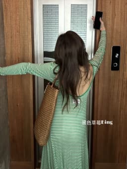 Vestidos De Mujer Elegantes Women Green Striped Backless Long Sleeved Dress 2026 Korean Chic American Grunge Loose