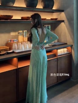 Vestidos De Mujer Elegantes Women Green Striped Backless Long Sleeved Dress 2026 Korean Chic American Grunge Loose