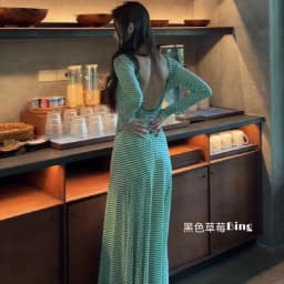 Vestidos De Mujer Elegantes Women Green Striped Backless Long Sleeved Dress 2026 Korean Chic American Grunge Loose