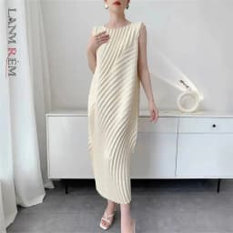 LANMREM Handmade Pleated Women's Sleeveless Summer Dress Wave Pattern Irregular Loose O-neck Mid-Length Pleated Dresses 2DB4814