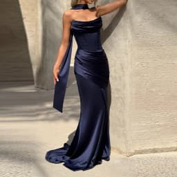 Women Sexy Pleated Strapless Satin Dress Chic Solid Off-Shoulder Backless High Waist Bodycon Dresses 2026 New Evening Party Gown