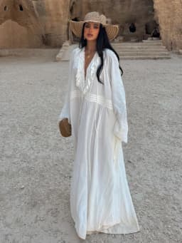 HH Female Beach Style Long Dress White V-Neck Long Sleeves Flounced Edge Lace-Up Decoration Women Summer Fashion Dresses