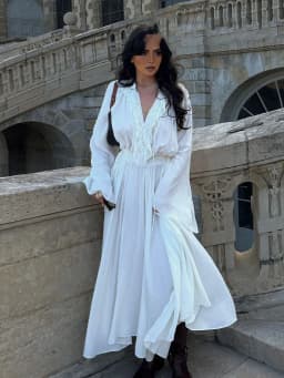 HH Female Beach Style Long Dress White V-Neck Long Sleeves Flounced Edge Lace-Up Decoration Women Summer Fashion Dresses
