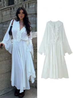 HH Female Beach Style Long Dress White V-Neck Long Sleeves Flounced Edge Lace-Up Decoration Women Summer Fashion Dresses