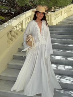 HH Female Beach Style Long Dress White V-Neck Long Sleeves Flounced Edge Lace-Up Decoration Women Summer Fashion Dresses