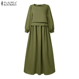 ZANZEA Women Casual Retro Maxi Dresses Boatneck Lantern Sleeve Solid Color Layered A-Line Long Dress Spring Baggy Robes Femme