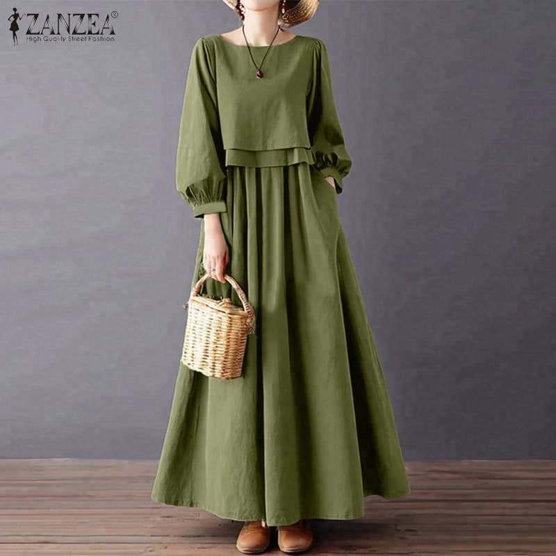 ZANZEA Women Casual Retro Maxi Dresses Boatneck Lantern Sleeve Solid Color Layered A-Line Long Dress Spring Baggy Robes Femme