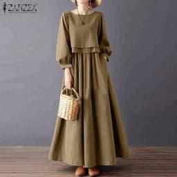 ZANZEA Women Casual Retro Maxi Dresses Boatneck Lantern Sleeve Solid Color Layered A-Line Long Dress Spring Baggy Robes Femme