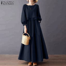 ZANZEA Women Casual Retro Maxi Dresses Boatneck Lantern Sleeve Solid Color Layered A-Line Long Dress Spring Baggy Robes Femme