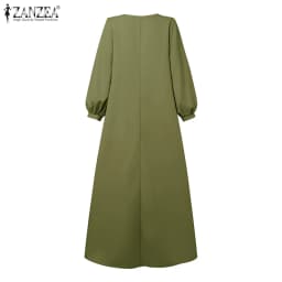 ZANZEA Women Casual Retro Maxi Dresses Boatneck Lantern Sleeve Solid Color Layered A-Line Long Dress Spring Baggy Robes Femme
