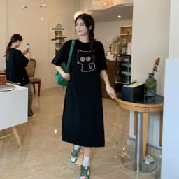 Cartoon cat print short-sleeved women's new summer and autumn loose round neck home dress