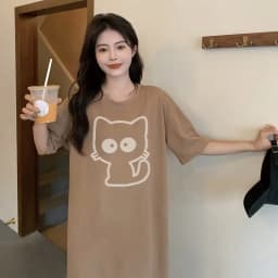 Cartoon cat print short-sleeved women's new summer and autumn loose round neck home dress