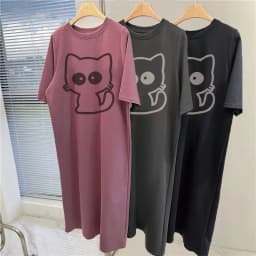 Cartoon cat print short-sleeved women's new summer and autumn loose round neck home dress