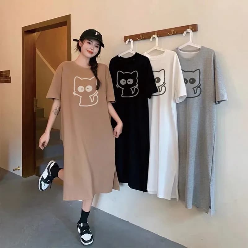 Cartoon cat print short-sleeved women's new summer and autumn loose round neck home dress
