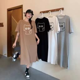 Cartoon cat print short-sleeved women's new summer and autumn loose round neck home dress