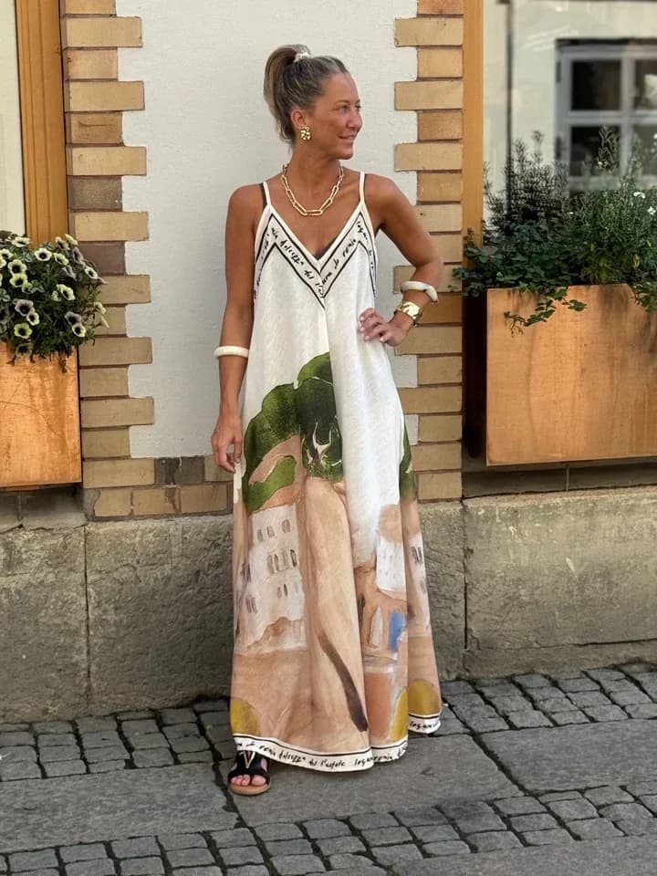 Casual Boho Printed Dress For Women Loose V-neck Suspender A-line Big Hem Long Dress Summer Fashion Vacation Style Dresses