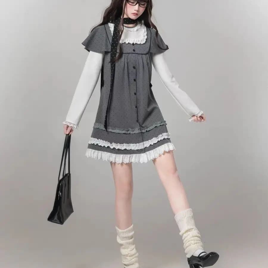 2000s Harajuku Kawaii Lolita Dress Y2k Patchwork Sweet Long Sleeve Short Party Dress Vintage Fake 2 Piece One Piece Dress Korean