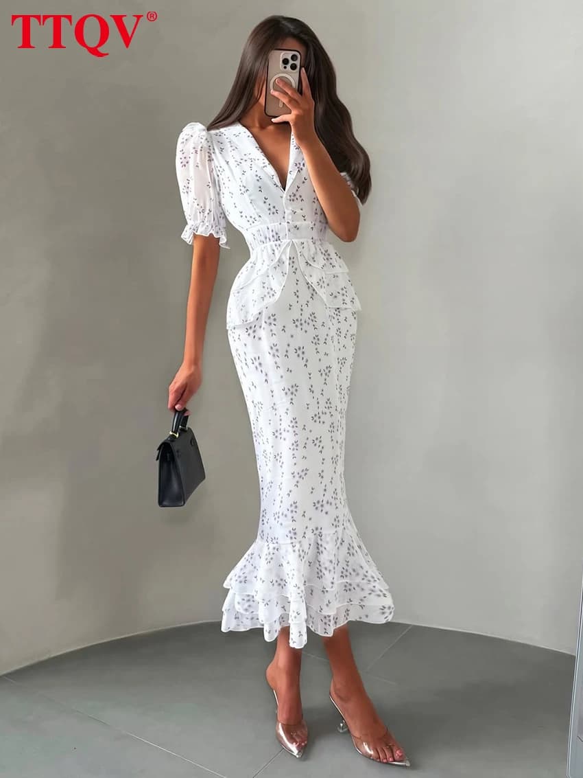 TTQV Fashion Slim Print Women Dress 2026 Summer Lapel Short Sleeve Long Dresses Elegant Classic Pleated Female Dress Streetwear