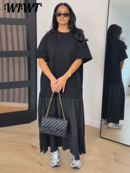 Loose Patchwork Women's Pleated Dresses Fashion Short Sleeve O-neck Long Robes 2026 Summer New Female Elegant Casual Dress