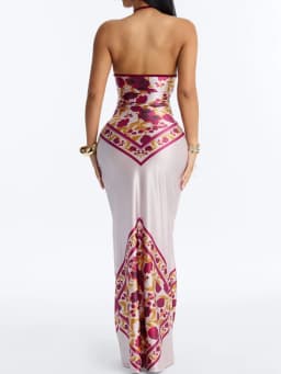 Women's Satin Bandana Print Halter Neck Maxi Dress Backless Bodycon Hot Summer Evening Party Cocktail Club Long Dress