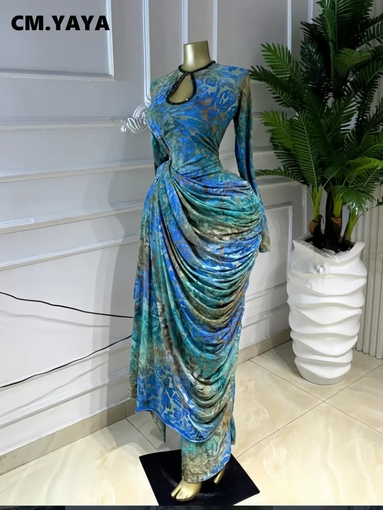 CM.YAYA Women Tie Dye Print Ribbon Ruched Long Sleeve Bodycon Maxi Long Dress 2026 Sexy Birthday Party Vacation Trendy Dresses