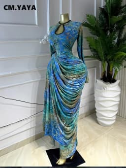 CM.YAYA Women Tie Dye Print Ribbon Ruched Long Sleeve Bodycon Maxi Long Dress 2026 Sexy Birthday Party Vacation Trendy Dresses